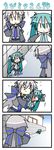  &gt;_&lt; 4koma :&lt; :d :o aqua_hair arms_up carrying chibi chibi_miku closed_eyes closed_mouth comic hatsune_miku long_hair minami_(colorful_palette) multiple_girls open_mouth pointing silent_comic smile twintails v-shaped_eyebrows vocaloid voyakiloid waving xd yowane_haku |_| 