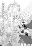  building cape fate_testarossa floating_hair full_body gloves greyscale kneeling long_hair lyrical_nanoha magical_girl mahou_shoujo_lyrical_nanoha monochrome nakayama_yukiji outdoors pleated_skirt rooftop skirt solo squatting string_of_flags thighhighs tower translation_request twintails v very_long_hair wind zettai_ryouiki 