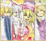  bad_id bad_pixiv_id blonde_hair column_lineup constricted_pupils evil_smile flandre_scarlet fujiwara_no_mokou hands_in_opposite_sleeves hat kasegi millipen_(medium) moriya_suwako multiple_girls paint_(medium) red_eyes smile stage_connection touhou traditional_media white_hair yakumo_ran yellow_eyes 