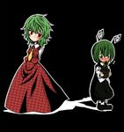  antennae ascot bad_id bad_pixiv_id black_background blush dress flower flower_pot frown green_eyes green_hair kazami_yuuka konohana_saku multiple_girls plaid plaid_skirt plaid_vest plant pot potted_plant red_eyes shoes short_hair simple_background skirt skirt_set sunflower touhou unmoving_pattern vest wriggle_nightbug 