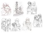  6+boys belcoot blush collarbone couple culgan expressionless eye_contact flame_champion freyjadour_falenas from_side gensou_suikoden gensou_suikoden_i gensou_suikoden_ii gensou_suikoden_iii gensou_suikoden_v gensou_suikogaiden greyscale hazuki_(suikoden) height_difference hugo_(suikoden_iii) kedo_mitsuharu kyle_(suikoden) long_sleeves looking_at_another luserina_barows lyon monochrome multiple_boys multiple_girls nash_latkje profile seed_(suikoden) short_hair sidelocks simple_background sketch sweater upper_body white_background zahhak zaj_quilos 