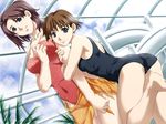  arm_hug black_school_swimsuit brown_hair green_eyes iwakura_mina iwakura_sae multiple_girls non-web_source one-piece_swimsuit orange_sarong piano_forte rin_kyoutarou sarong school_swimsuit short_hair slide swimsuit 