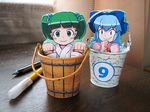  2girls blue_hair bow bucket cirno green_eyes green_hair hair_ribbon hirosato in_bucket in_container kisume multiple_girls paper_child papercraft photo ribbon touhou wooden_bucket 