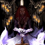  bad_id bad_pixiv_id brown_hair candle copyright_request gloves glowing glowing_eyes kansou_samehada lowres orange_eyes solo sword weapon 