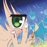  :3 artist_request blue_hair cat cathead cherry_(lucky_star) chocolate_cornet close-up crossover dog fingernails food green_eyes izumi_konata lowres lucky_star macross macross_frontier mole mole_under_eye nail_art nyamou parody shell solo star 