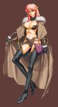  aoi_subaru armor belt beltskirt bikini_armor boots breasts cleavage copyright_request earrings jewelry large_breasts long_hair midriff mole mole_under_eye navel pink_hair red_eyes solo thigh_boots thighhighs wand 