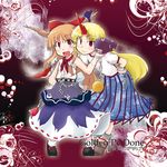  blonde_hair cuffs golden_pe_done hair_ribbon horn horns hoshiguma_yuugi ibuki_suika long_hair lowres multiple_girls orange_hair red_eyes ribbon touhou 