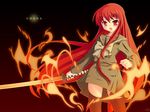  :o bow buttons character_name fire gradient gradient_background katana long_hair long_sleeves natsumiya_yuzu red_eyes red_hair school_uniform serafuku shakugan_no_shana shana solo standing sword thighhighs weapon wind wind_lift 