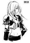  collar detached_sleeves epaulettes expressionless gensou_suikoden gensou_suikoden_iv greyscale hand_on_hip kika_(suikoden) long_hair long_sleeves midriff monochrome navel pants sanjou_sorata simple_background solo stomach vest white_background 