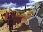  alphonse_elric armor artist_request blonde_hair boots braid brothers edward_elric full_armor fullmetal_alchemist gloves male_focus official_art road scan siblings single_braid suitcase yellow_eyes 
