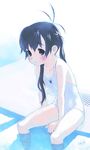  bare_shoulders black_eyes black_hair blush casual_one-piece_swimsuit drain_(object) long_hair one-piece_swimsuit original pool poolside sitting soaking_feet solo swimsuit tanaka_kunihiko twintails water white_swimsuit 