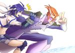  1boy 1girl blue_hair clenched_hand crossover formal gauntlets goggles long_sleeves lyrical_nanoha magical_girl mahou_shoujo_lyrical_nanoha mahou_shoujo_lyrical_nanoha_strikers midriff navel orange_hair painpa revealing_clothes revolver_knuckle running scryed simple_background stomach straight_cougar subaru_nakajima suit thighs white_background 