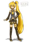  1girl akita_neru blonde_hair boots female full_body long_hair matching_hair/eyes phone simple_background skirt solo standing vocaloid white_background yellow_eyes 