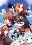  6+girls aida_takanobu animal_ears black_hair blush brown_eyes brown_hair charlotte_e_yeager eila_ilmatar_juutilainen erica_hartmann everyone eyepatch francesca_lucchini gertrud_barkhorn heart long_hair lynette_bishop minna-dietlinde_wilcke miyafuji_yoshika multiple_girls one_eye_closed perrine_h_clostermann print_eyepatch red_hair sakamoto_mio sanya_v_litvyak school_uniform silver_hair smile strike_witches tail twintails waving white_eyepatch world_witches_series 