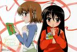  black_hair blush brown_eyes brown_hair character_name finger_to_mouth gift holding holding_gift imageboard_sample long_hair multiple_girls profile shakugan_no_shana shana short_hair sweater valentine winter_clothes yoshida_kazumi 