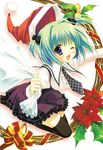  ;d absurdres black_legwear blush checkered checkered_neckwear christmas copyright_request flower green_hair hat highres looking_at_viewer necktie one_eye_closed open_mouth poinsettia pom_pom_(clothes) purple_eyes ryouka_(suzuya) santa_costume santa_hat school_uniform smile solo thighhighs two_side_up 