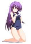  clannad fujibayashi_kyou full_body hair_ribbon kneeling kugui_kiyunemu long_hair one-piece_swimsuit purple_eyes purple_hair ribbon school_swimsuit sidelocks simple_background solo straight_hair swimsuit tress_ribbon very_long_hair 