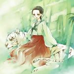  bad_id bad_pixiv_id bamboo bamboo_forest brown_eyes brown_hair forest hakama hanbok japanese_clothes korean_clothes long_hair miko nature original red_hakama ron solo tiger white_tiger 