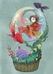  afloat air_bubble bad_id bad_pixiv_id black_hair blue_eyes bubble fish goldfish in_bubble in_container japanese_clothes kimono long_hair original red_kimono snow_globe solo submerged tobi_(kotetsu) water water_yoyo yukata 