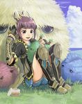  armor boots comb furball gensou_suikoden gensou_suikoden_v grass hair_rings headband hi-ho- knee_boots miakis petting purple_eyes purple_hair short_twintails sitting solo twintails 