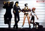  2girls 90s artist_request bare_shoulders beard bike_shorts black_hair blush_stickers breasts brown_eyes cigarette cowboy_bebop dark_skin dog edward_wong_hau_pepelu_tivrusky_iv ein_(cowboy_bebop) facial_hair faye_valentine goggles hairband jet_black large_breasts lineup midriff mugshot multiple_boys multiple_girls red_hair scan scan_artifacts short_hair smoking spike_spiegel thighhighs welsh_corgi 