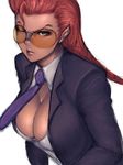  breasts cleavage crimson_viper fumio_(rsqkr) large_breasts necktie one_eye_closed open_clothes open_shirt pompadour red_hair shirt solo street_fighter street_fighter_iv_(series) sunglasses 