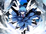  blue_eyes blue_hair bow cirno grin hair_bow ice outstretched_arms reflection short_hair smile smirk solo spread_arms touhou uki_(room_405) wings 