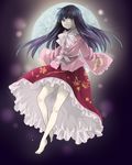  bare_legs barefoot black_hair dress feet hime_cut houraisan_kaguya japanese_clothes long_hair long_sleeves machiko_(beard) moon ribbon solo touhou wide_sleeves 