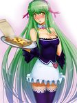  alternate_costume blush breasts c.c. cleavage code_geass enmaided food green_hair holding_pizza large_breasts ldl long_hair maid pizza solo thighhighs yellow_eyes 