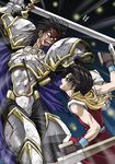  armor battle blood duel epic gensou_suikoden gensou_suikoden_ii highres kedo_mitsuharu luca_blight multiple_boys riou sword tonfa weapon 