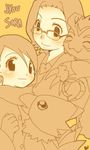  1girl blush couple digimon digimon_adventure_02 glasses gloves gomamon hetero jacket kido_jou kurot lowres piyomon scarf short_hair takenouchi_sora 