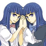  bad_id bad_pixiv_id blue_eyes blue_hair bow company_connection creator_connection crossover dual_persona frederica_bernkastel frills furude_rika higurashi_no_naku_koro_ni holding_hands inao_(roc-ca) lowres multiple_girls oekaki pink_bow ribbon serious smile umineko_no_naku_koro_ni 