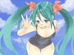  bad_id bad_pixiv_id blue_eyes blue_hair gk hatsune_miku leaning_forward long_hair one-piece_swimsuit solo swimsuit twintails v vocaloid 