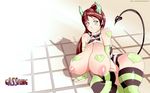  big_breasts blush breasts commissioner demon demongirl elbow_gloves female gloves horn huge_breasts legwear looking_at_viewer nipples spade_tail thigh_highs voluptuous 