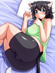  animal_ears bike_shorts black_hair blue_eyes cat_ears cat_tail long_hair nokoppa original pillow solo tail 