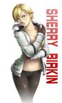  bangs blonde_hair blue_eyes blush breasts character_name coat collarbone covering covering_breasts fur_collar fur_trim medium_breasts navel no_bra open_clothes open_coat pants resident_evil resident_evil_6 sherry_birkin short_hair solo thor_(deep_rising) winter_clothes 