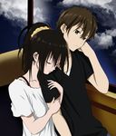  1girl adobeking arm_hug black_hair brown_hair casual chitanda_eru closed_eyes cloud couple ferris_wheel ferris_wheel_interior green_eyes hetero highres hyouka leaning_on_person long_hair oreki_houtarou photo_background ponytail short_hair sky sleeping 