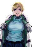  blonde_hair blue_eyes breasts brown_eyes coat fur_collar gloves large_breasts open_clothes open_coat resident_evil resident_evil_6 sgk sherry_birkin short_hair sweater winter_clothes 