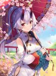  1girl bangs blue_sky blurry blurry_background blurry_foreground blush cherry_blossoms china_dress chinese_clothes closed_mouth cloud commentary_request day depth_of_field detached_sleeves dress eyebrows_visible_through_hair fate/grand_order fate_(series) flower gradient gradient_background hair_between_eyes hair_ribbon heroic_spirit_traveling_outfit high_ponytail hitsukuya holding holding_umbrella horns long_hair long_sleeves oni oni_horns oriental_umbrella outdoors petals pink_background pink_flower ponytail railing red_eyes red_ribbon red_umbrella ribbon sidelocks silver_hair sky sleeveless sleeveless_dress smile solo tomoe_gozen_(fate/grand_order) tree_branch umbrella very_long_hair white_background white_dress white_sleeves wide_sleeves 