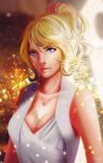  1girl absurdres blonde_hair blue_eyes breasts cleavage dress final_fantasy final_fantasy_xv highres jewelry looking_at_viewer lunafreya_nox_fleuret necklace short_hair solo white_dress 