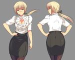  ass black_legwear blonde_hair breasts cleavage em green_eyes grey_background hand_on_hip hands_on_hips hanna_rudel long_hair medium_breasts office_lady pantyhose pencil_skirt ponytail scar simple_background skirt solo world_witches_series 
