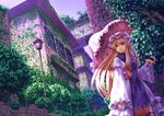  blonde_hair brick_wall building dress dutch_angle from_below hat lamppost long_hair outdoors parasol plant purple_eyes running_bond scenery solo tabard touhou umbrella vines wasabichan yakumo_yukari 