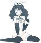  black_hair blush breastless_clothes breasts choker homura_subaru long_hair looking_at_viewer nipple_ribbon nipples smile solo thighhighs 