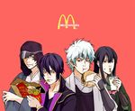  bad_id bad_pixiv_id black_hair brown_hair dandyking eating gintama hat headband japanese_clothes joui katsura_kotarou logo male_focus mcdonald's multiple_boys product_placement purple_hair sakamoto_tatsuma sakata_gintoki soda takasugi_shinsuke white_hair 