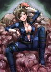  blue_eyes bodysuit boots breasts brown_hair cleavage holster jill_valentine knee_boots large_breasts monster navel no_bra open_clothes ponytail resident_evil resident_evil_revelations sexually_suggestive sgk 