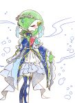  1girl bare_shoulders blue_dress blue_gloves blue_legwear blush bridal_gauntlets bubbles clothed_pokemon creatures_(company) detached_sleeves dress eyes_closed female game_freak gardevoir gen_3_pokemon gloves green_hair green_skin hair_over_one_eye hand_up heart highres muguet nintendo no_humans open_mouth pokemon pokemon_(creature) short_hair sleeveless sleeveless_dress solo standing thighhighs tiara turtleneck two-tone_skin white_background white_skin zettai_ryouiki 