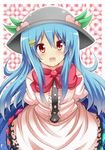  :d arms_behind_back bad_id bad_pixiv_id blue_hair blush bow dress food fruit hat hinanawi_tenshi long_hair open_mouth peach red_eyes shinekalta smile solo touhou 