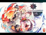  1girl black_hair chinese_clothes emblem emiya_kiritsugu fate/zero fate_(series) fedora fire hat irisviel_von_einzbern kuomintang long_hair red_eyes scarf shenzhideng taiwan traditional_media umbrella watercolor_(medium) white_hair 