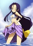  akechi_mitsuhide_(oda_nobuna_no_yabou) bad_id bad_pixiv_id bikini blush breasts cleavage long_hair low-tied_long_hair medium_breasts oda_nobuna_no_yabou one_eye_closed purple_eyes purple_hair purple_sarong sarong sarong_lift smile solo swimsuit very_long_hair waochi. water 