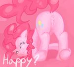  anus ass_up bent_over cutie_mark english_text equine eyes_closed female feral friendship_is_magic hair hi_res horse mammal my_little_pony pink_hair pink_theme pinkie_pie_(mlp) plain_background pony ponylicking pussy smile solo text 